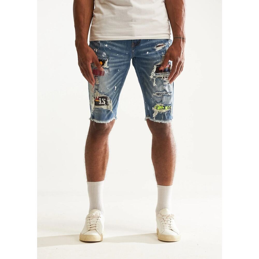 Embellish NYC Men's Rip & Repair Patchwork Distressed Skinny Denim Jean Shorts